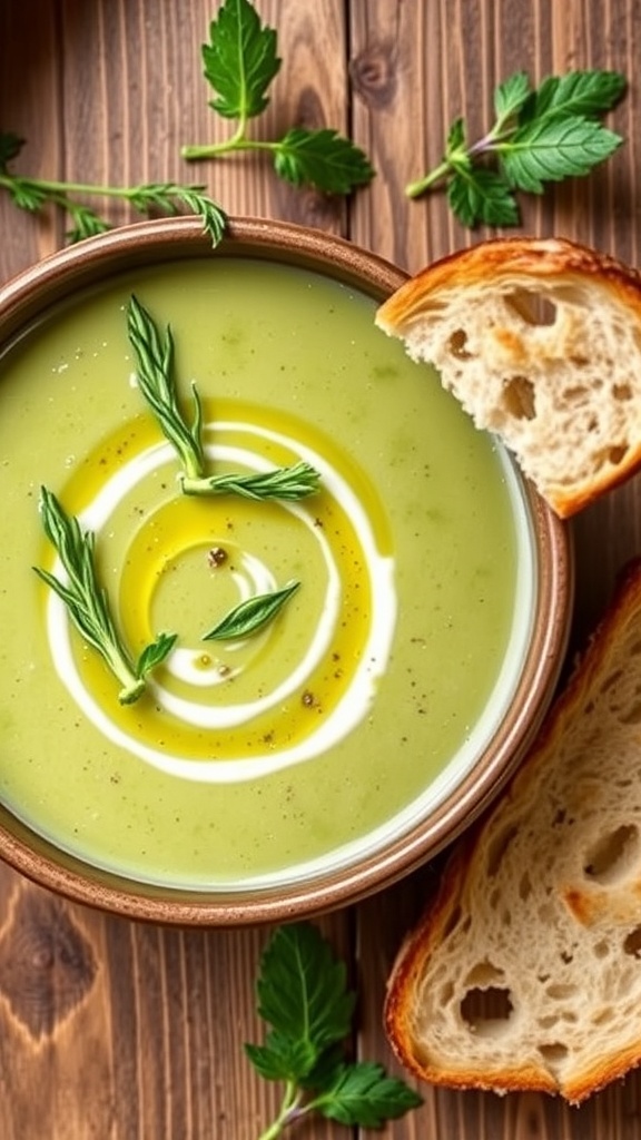 A creamy bowl of zucchini soup garnished with herbs and a slice of bread on a wooden table.